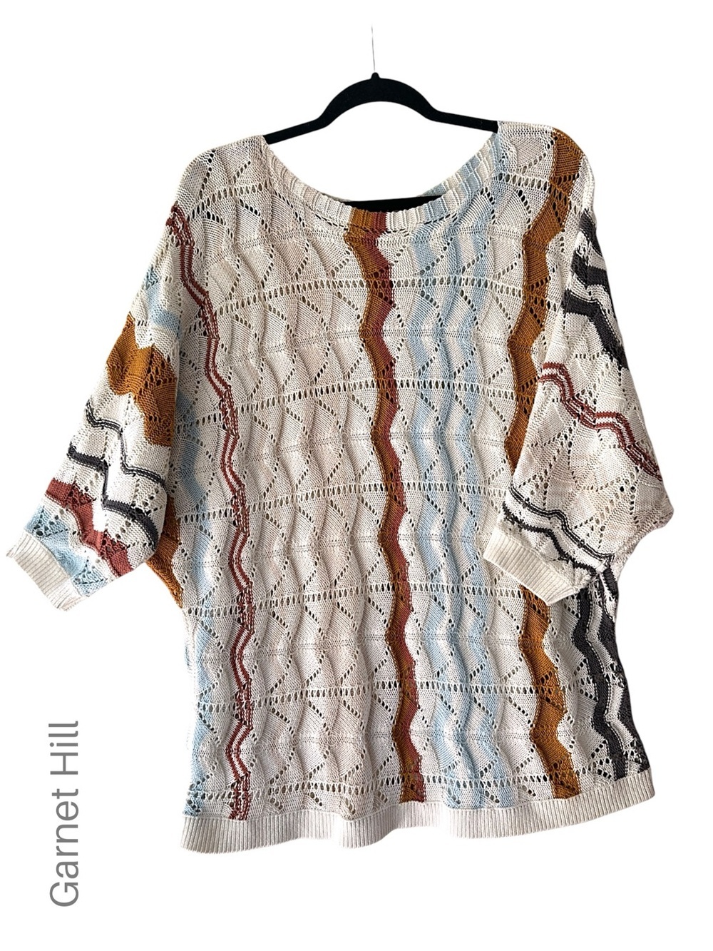 GARNET HILL NWOT LINEN & COTTON OPEN-KNIT CROCHET STRIPED SWEATER |  XL